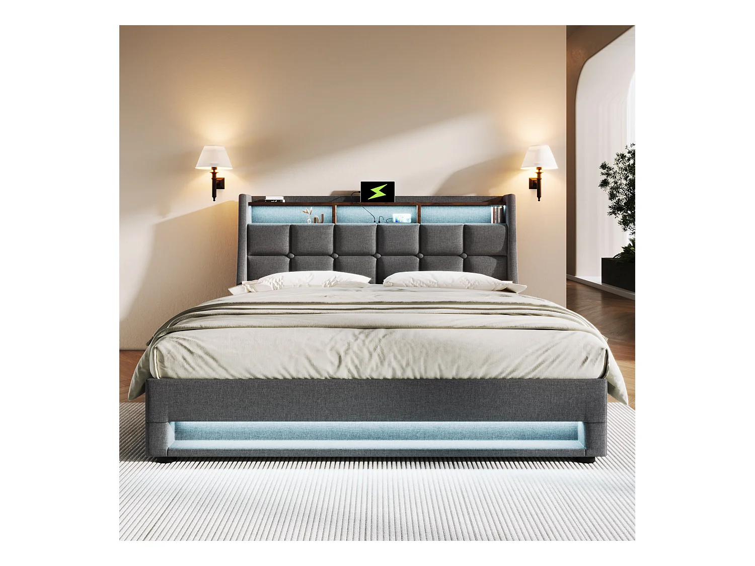Lit coffre adulte 140x200 cm avec port USB et LED, revêtement en lin gris– Sans matelas