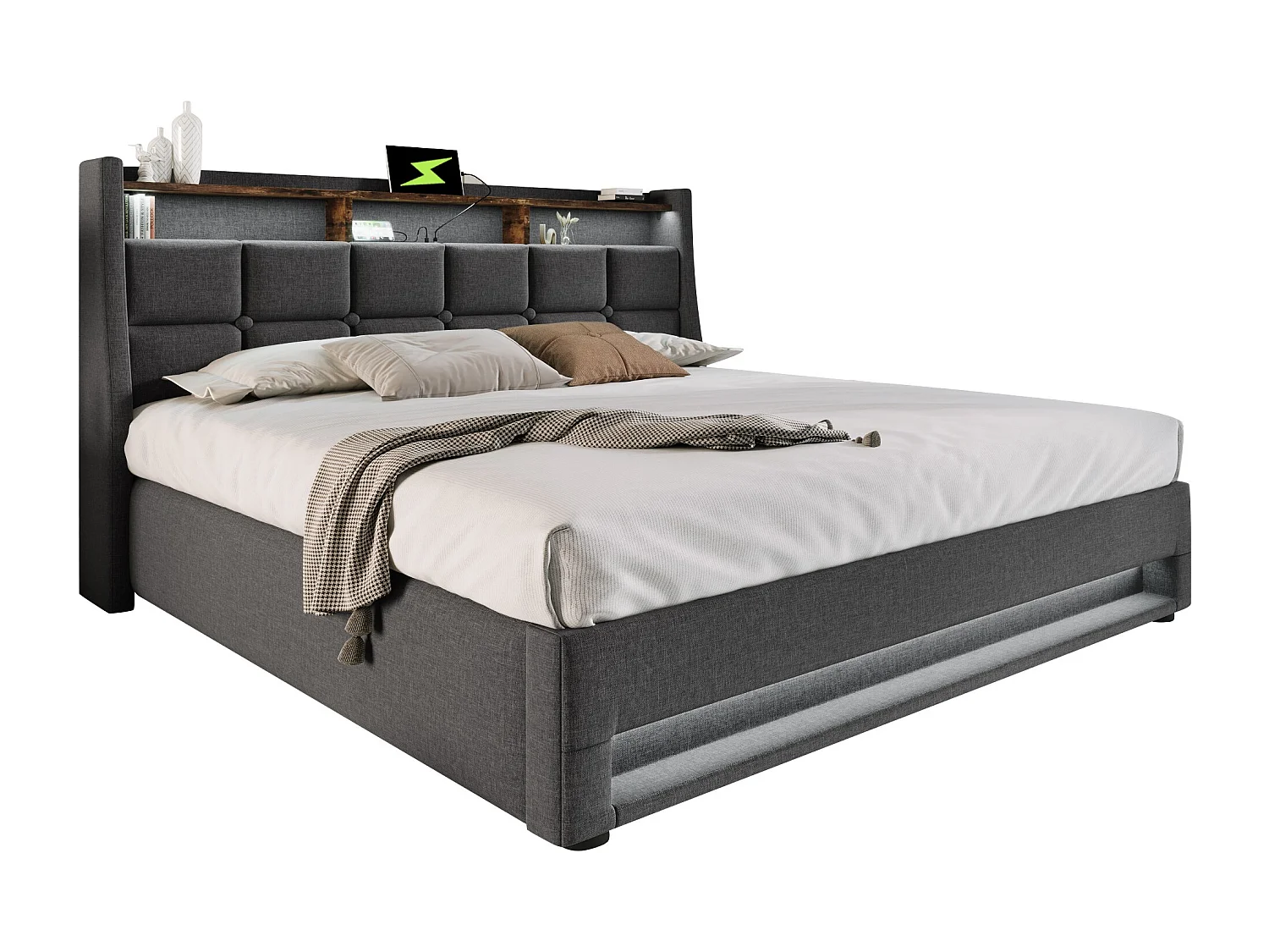 Lit coffre adulte 140x200 cm avec port USB et LED, revêtement en lin gris– Sans matelas