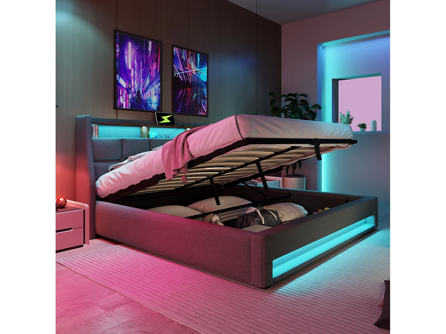 Lit coffre adulte 140x200 cm avec port USB et LED, revêtement en lin gris– Sans matelas