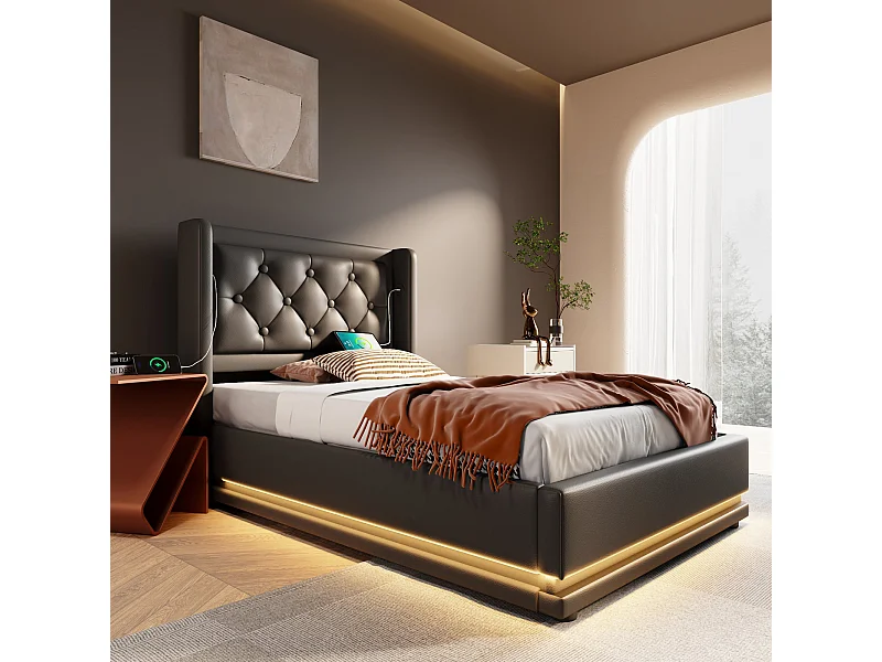 Lit coffre enfant 90x200 cm avec fonction de chargement USB Type-C et LED ,en PU noir (sans matelas)