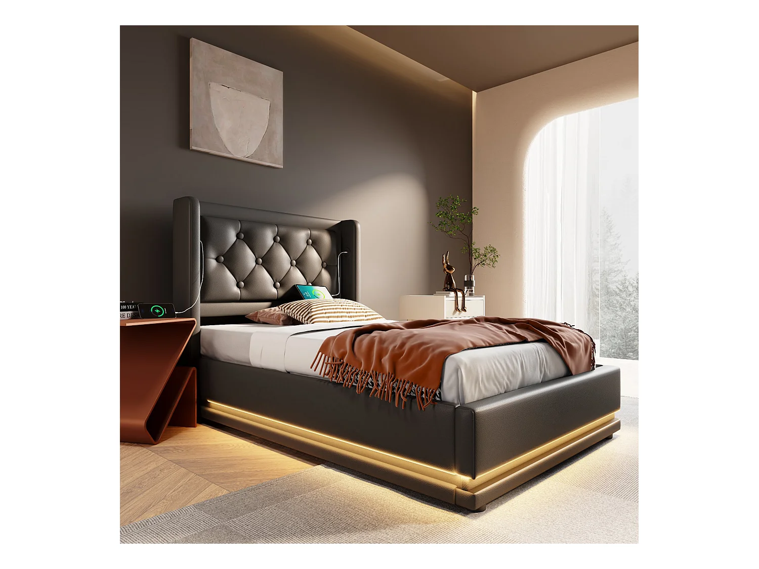 Lit coffre enfant 90x200 cm avec fonction de chargement USB Type-C et LED ,en PU noir (sans matelas)
