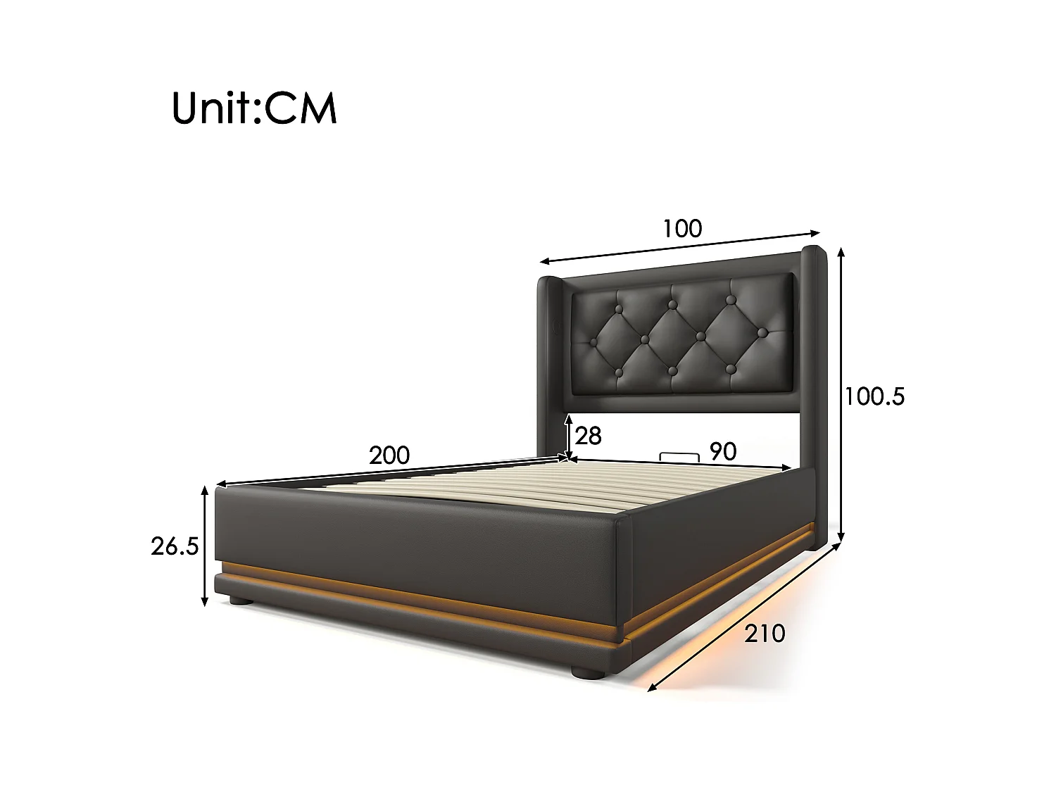 Lit coffre enfant 90x200 cm avec fonction de chargement USB Type-C et LED ,en PU noir (sans matelas)