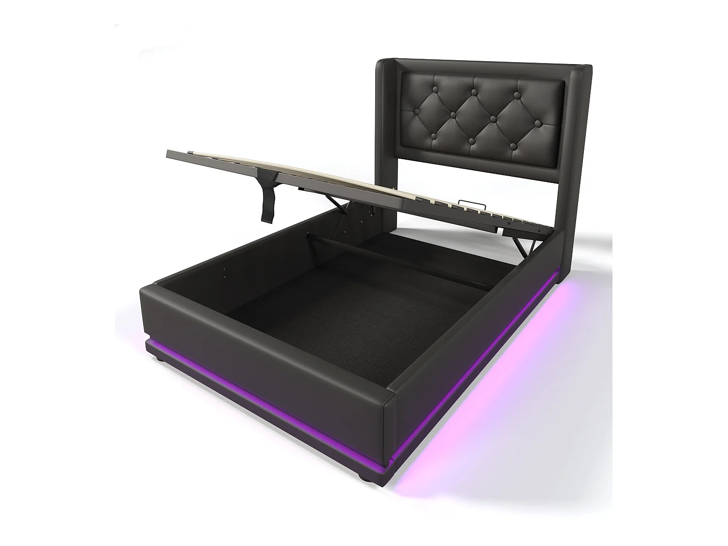 Lit coffre enfant 90x200 cm avec fonction de chargement USB Type-C et LED ,en PU noir (sans matelas)