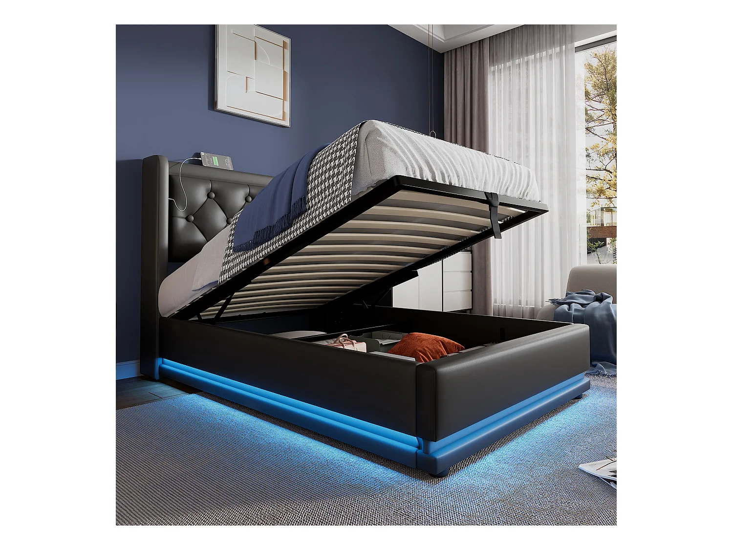 Lit coffre enfant 90x200 cm avec fonction de chargement USB Type-C et LED ,en PU noir (sans matelas)