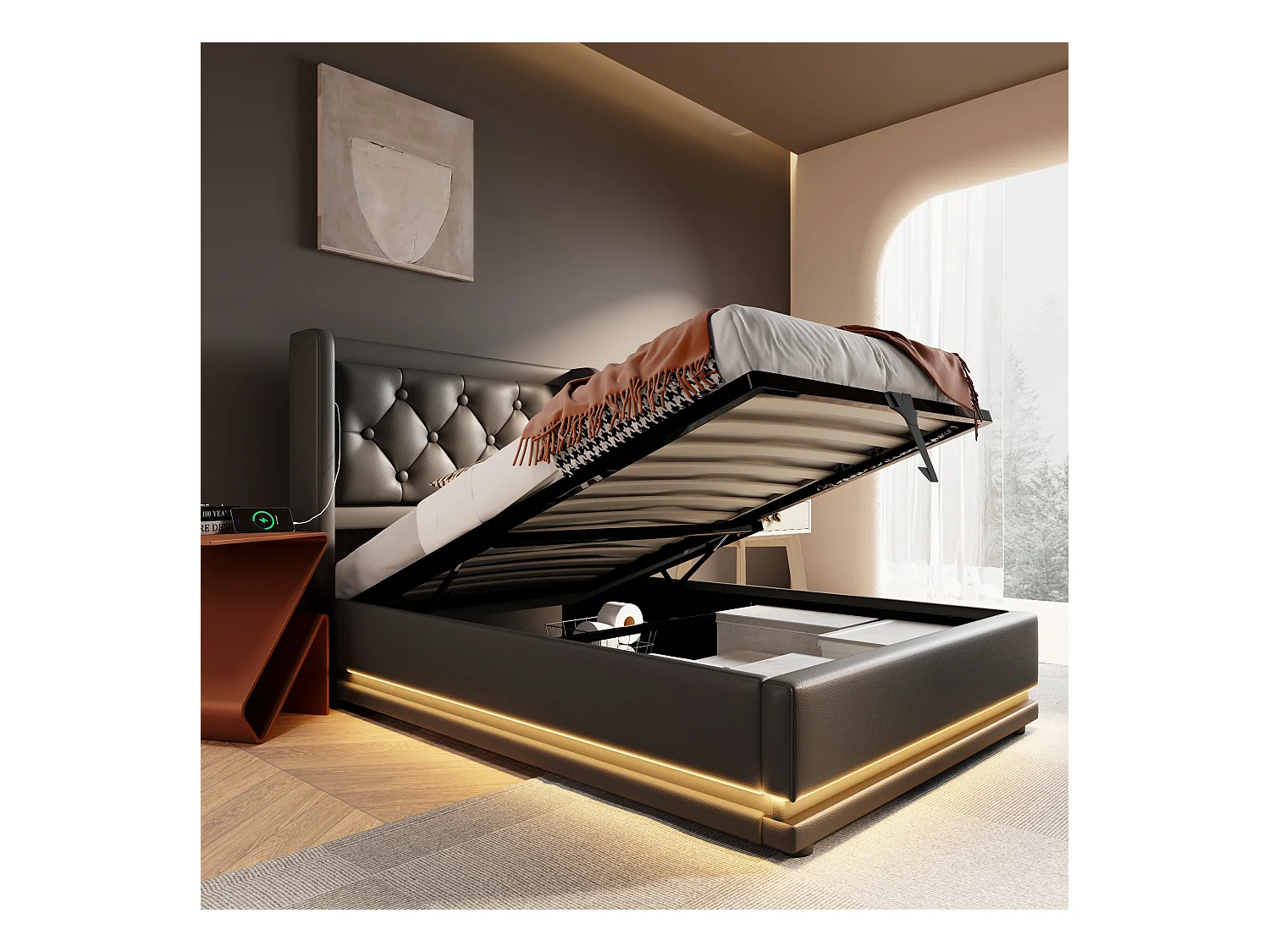 Lit coffre enfant 90x200 cm avec fonction de chargement USB Type-C et LED ,en PU noir (sans matelas)