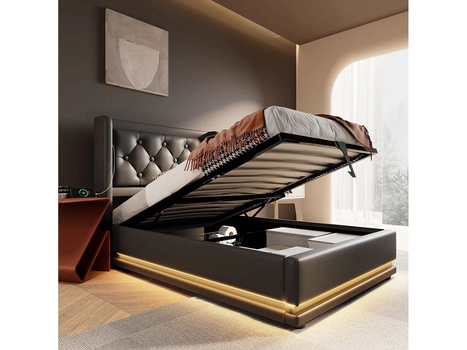 Lit coffre enfant 90x200 cm avec fonction de chargement USB Type-C et LED ,en PU noir (sans matelas)