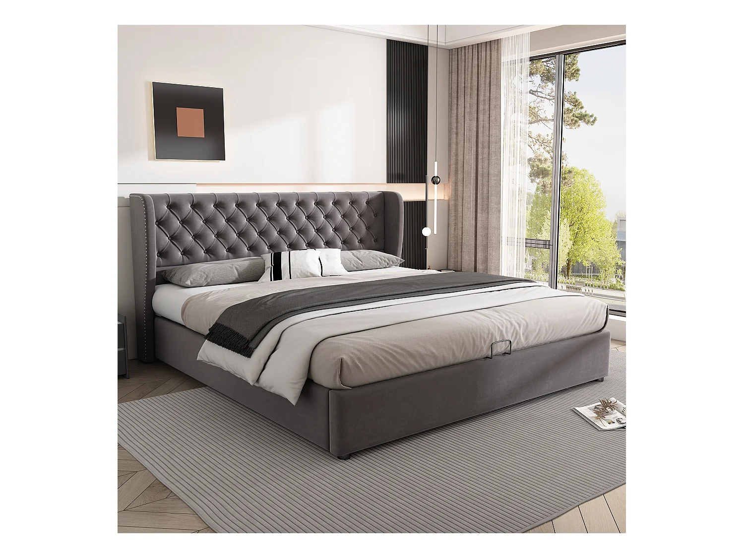Lit coffre adulte 180x200 cm en velours gris avec tête d'oreilles - avec sommier à lattes (sana matelas)