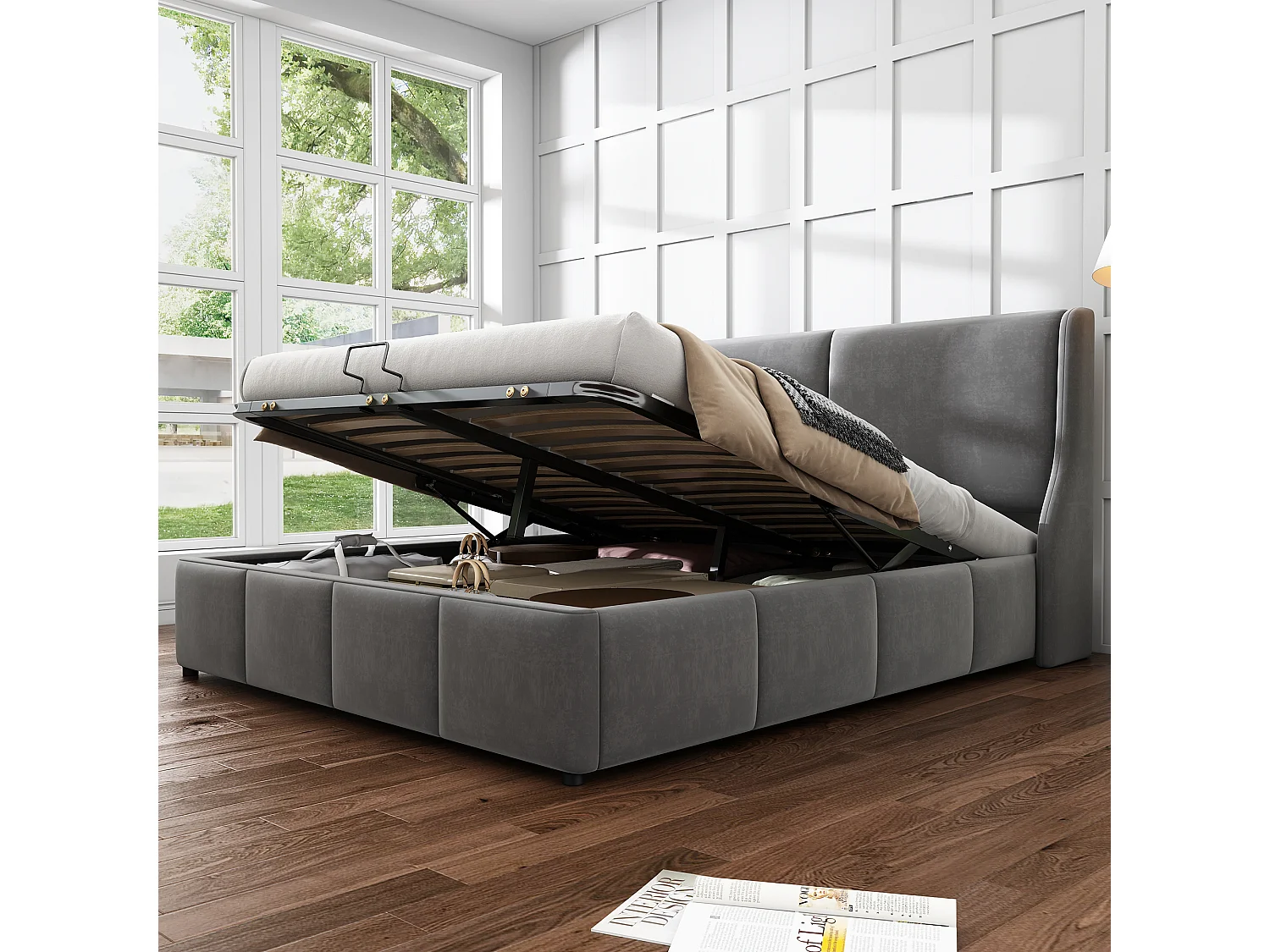 Lit coffre adulte 140x190 cm en velours gris - Lit rembourré forme oreille avec tête de lit(sans matelas)