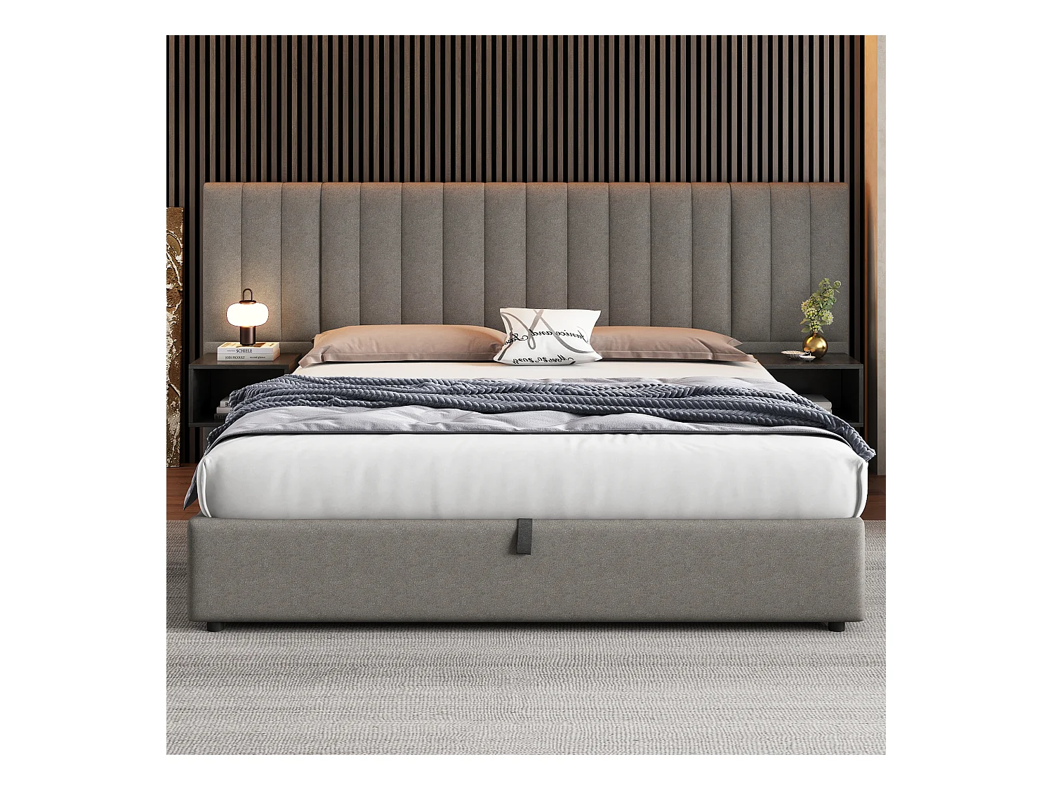 Tweepersoons opbergbed 180x200 cm – Bed met oorvormige hoofdsteun en 2 opbergvakken, grijs linnen (zonder matras)