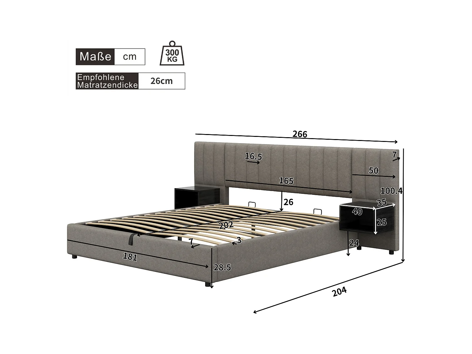 Tweepersoons opbergbed 180x200 cm – Bed met oorvormige hoofdsteun en 2 opbergvakken, grijs linnen (zonder matras)