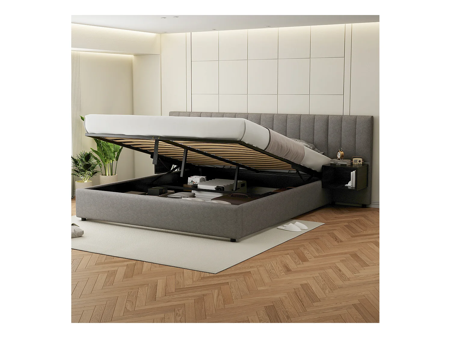 Tweepersoons opbergbed 180x200 cm – Bed met oorvormige hoofdsteun en 2 opbergvakken, grijs linnen (zonder matras)