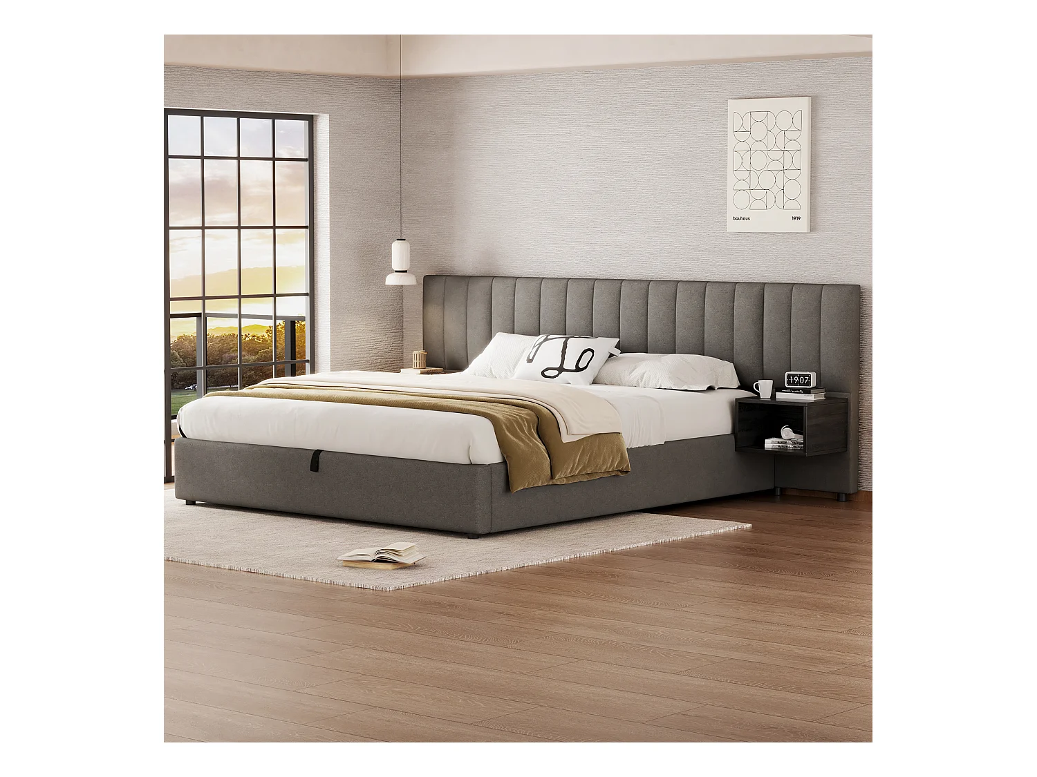 Tweepersoons opbergbed 180x200 cm – Bed met oorvormige hoofdsteun en 2 opbergvakken, grijs linnen (zonder matras)