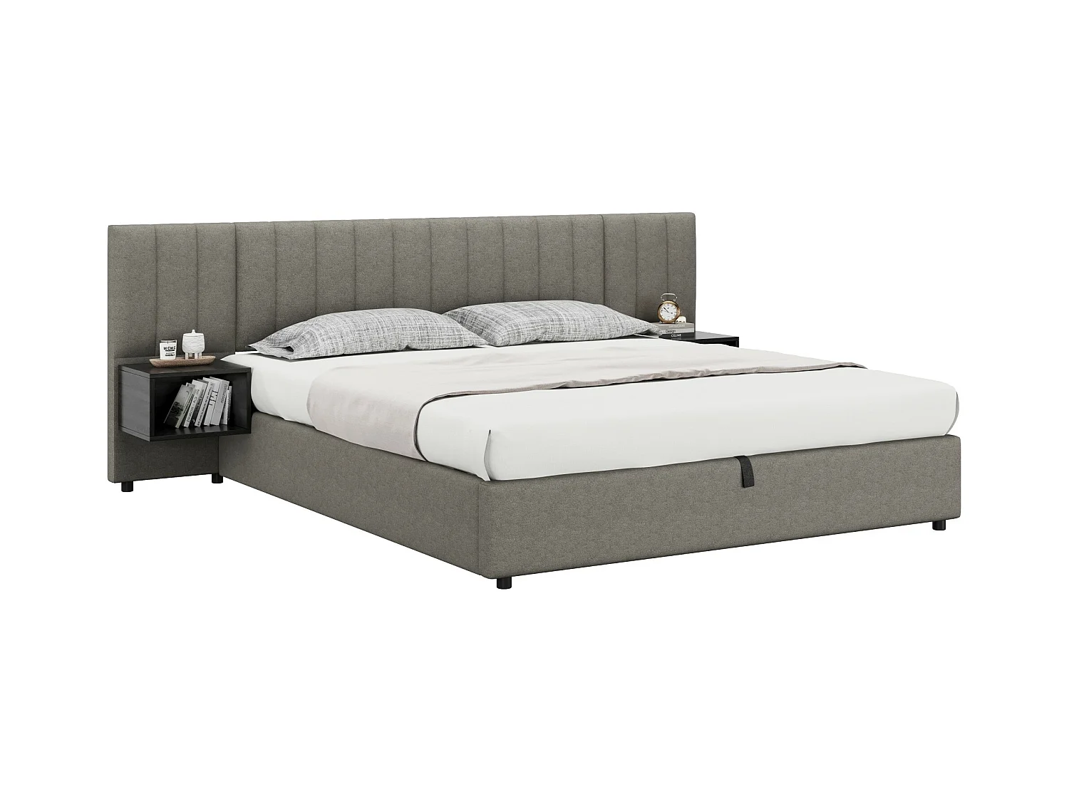 Tweepersoons opbergbed 180x200 cm – Bed met oorvormige hoofdsteun en 2 opbergvakken, grijs linnen (zonder matras)