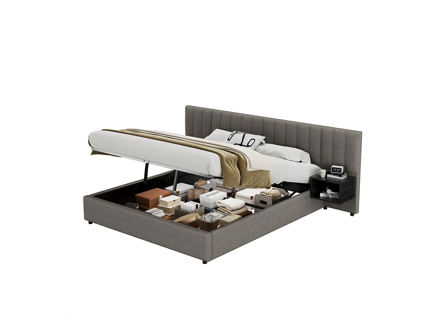 Lit coffre double 180x200 cm - Lit à oreilles avec 2 compartiments de rangement, Lin gris(sans matelas)