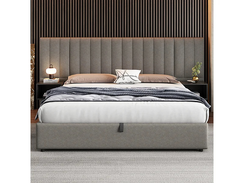 Tweepersoons opbergbed 180x200 cm – Bed met oorvormige hoofdsteun en 2 opbergvakken, grijs linnen (zonder matras)