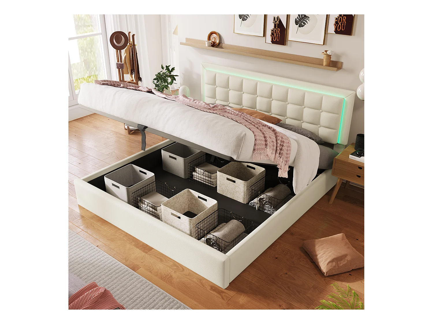Lit coffre adulte 180x200 cm avec LED, revêtement en PU Blanc, sans matelas