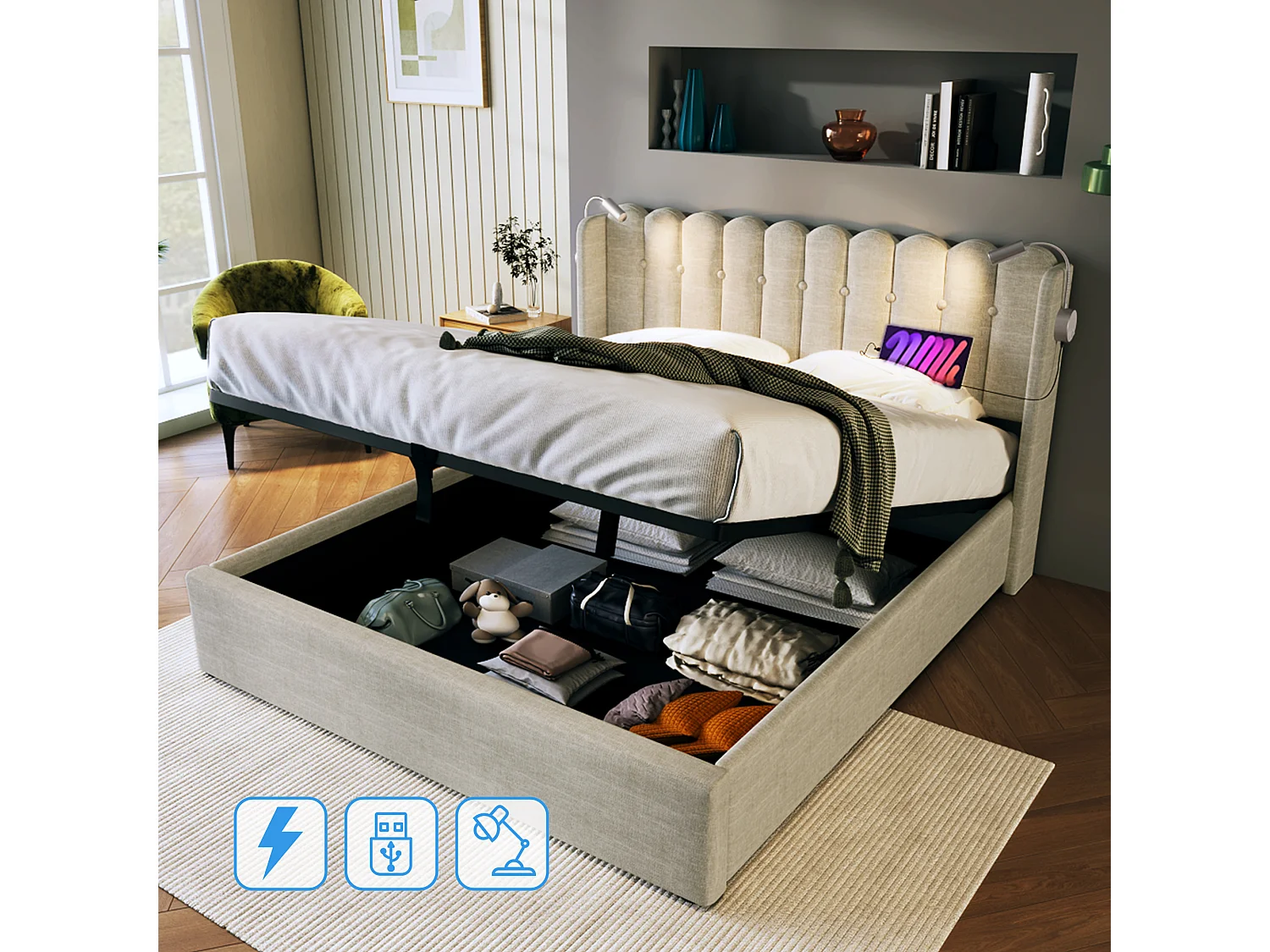 Lit coffre adulte 140x200 cm avec éclairage de lecture et fonction de charge - en lin naturel, sans matelas