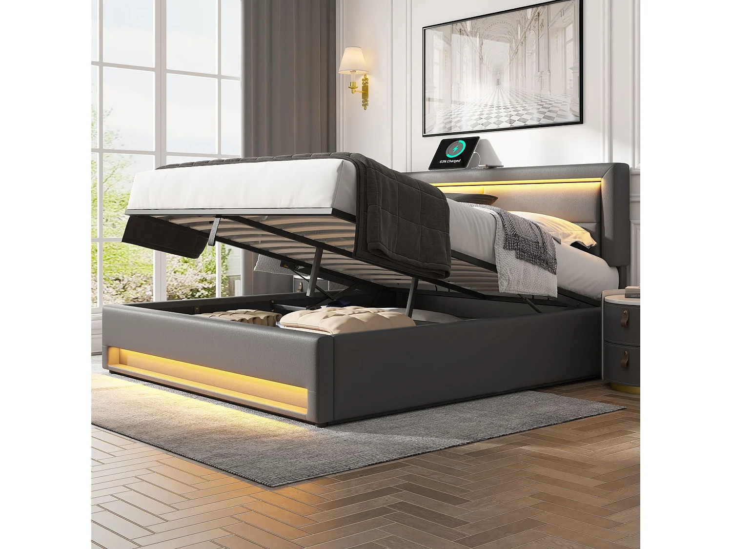 Lit coffre adulte 140x200 cm en PU gris - avec USB, LED (sans matelas)