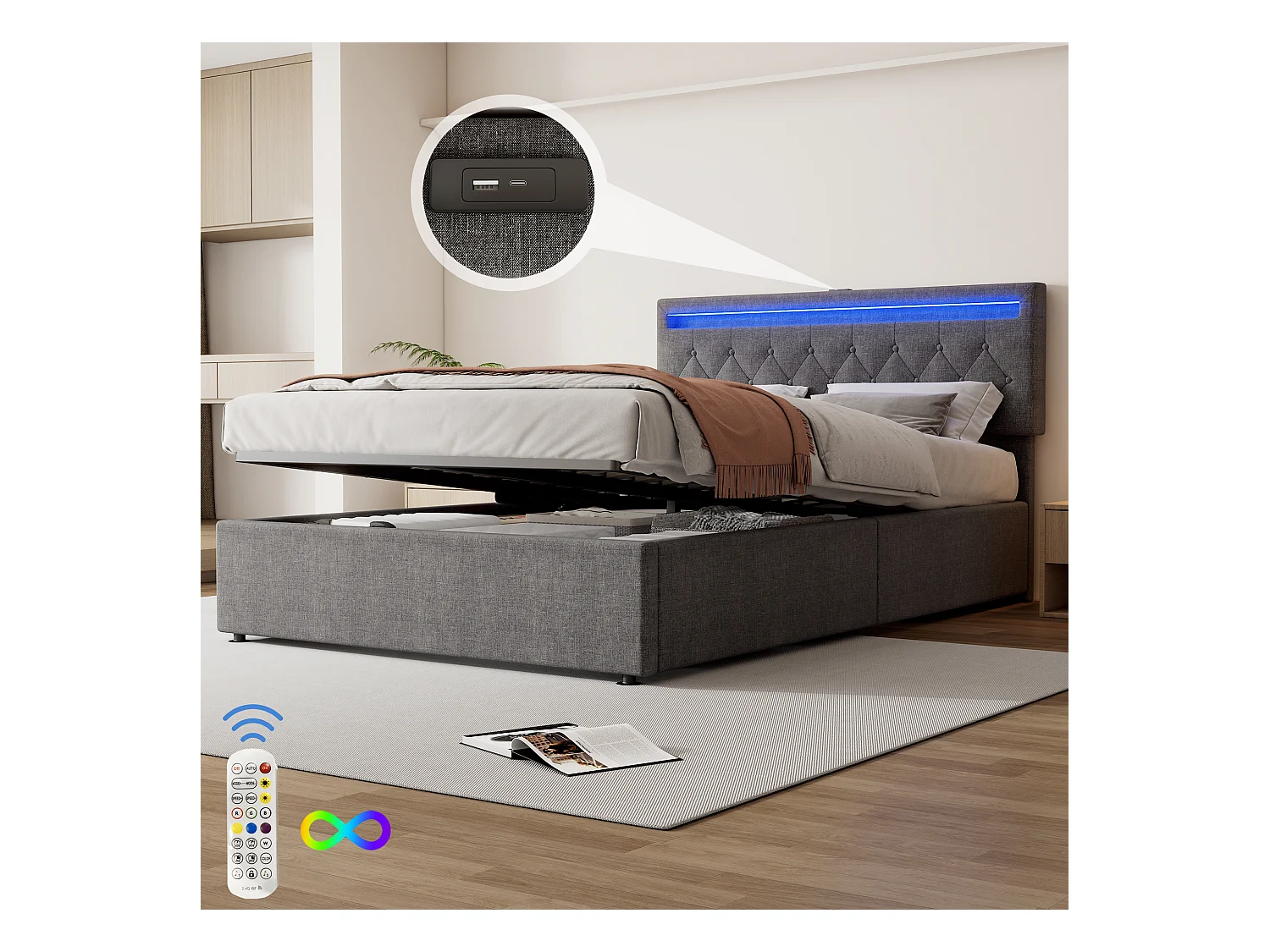 Lit coffre adulte 140x200 cm avec LED et USB Type-C, en lin gris, sans matelas