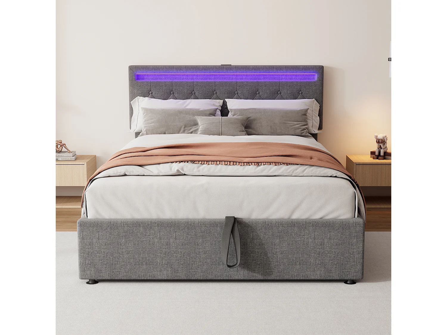 Cama de casal com arrumação 140x200 cm em cinzento – Com iluminação ambiente, USB e Tipo-C (sem colchão)
