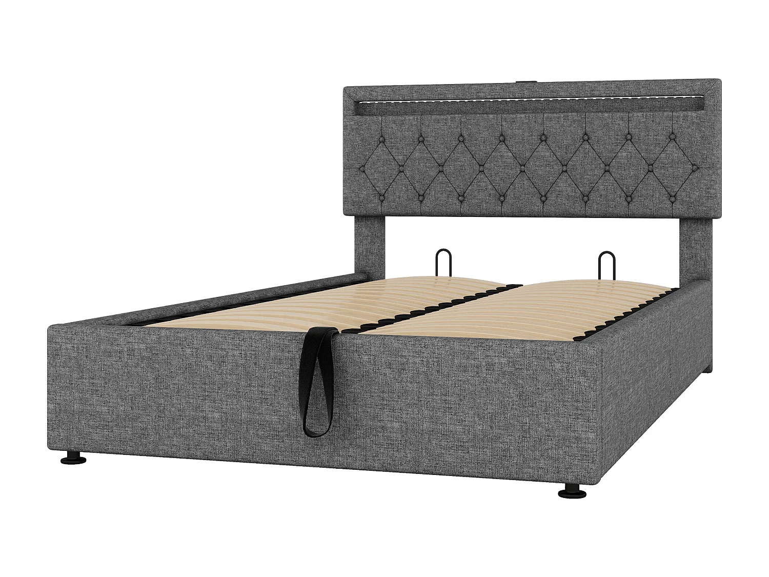 Cama de casal com arrumação 140x200 cm em cinzento – Com iluminação ambiente, USB e Tipo-C (sem colchão)