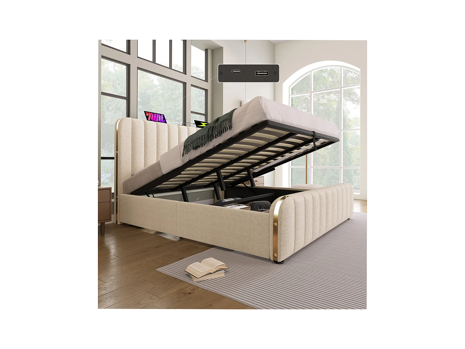 Cama baúl doble 180x200 cm con USB-C - Tela de lino beige (sin colchón)