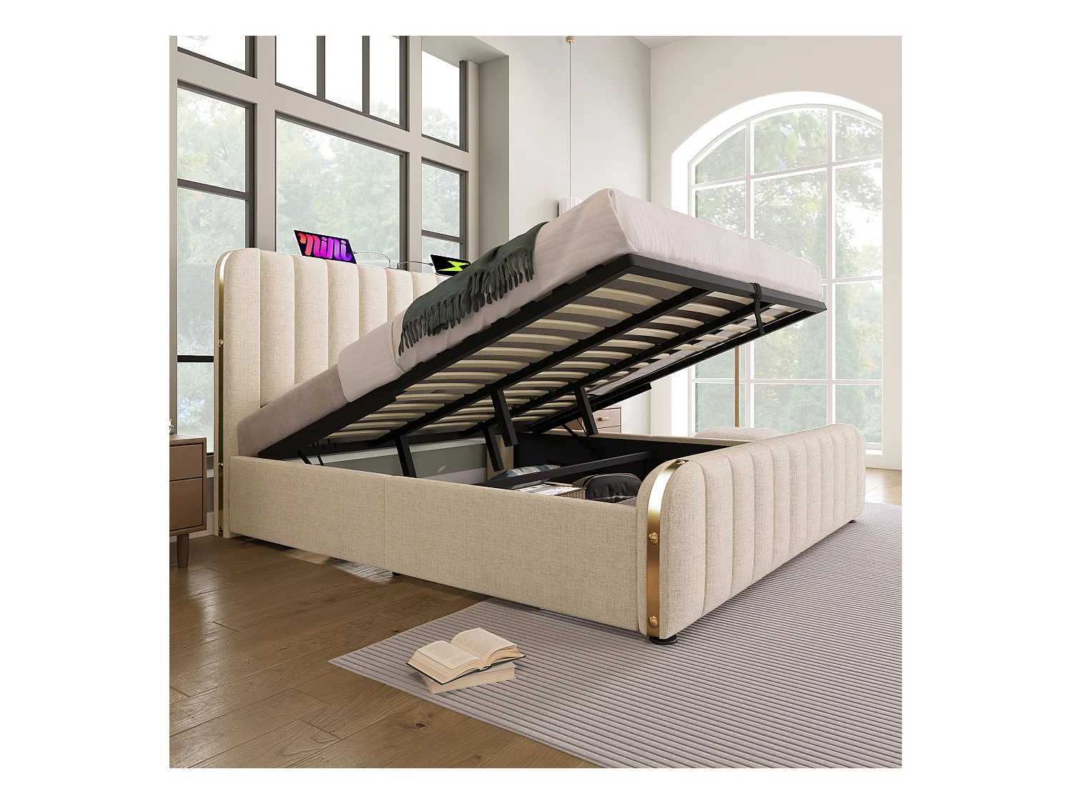 Cama baúl doble 180x200 cm con USB-C - Tela de lino beige (sin colchón)