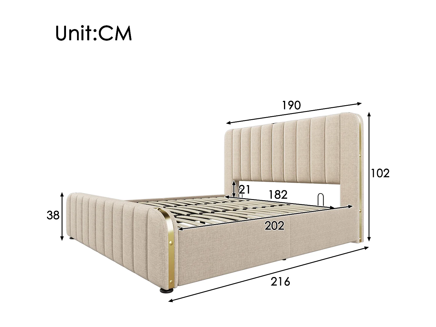 Lit coffre adulte 180x200 cm avec USB-C,  Tissu en Lin beige, sans matelas