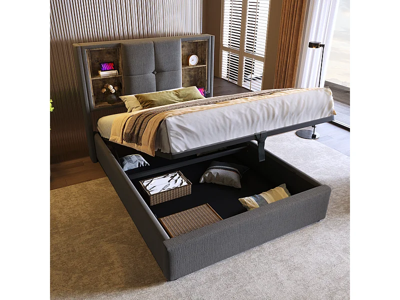 Letto contenitore singolo 90x200 cm con USB-C wireless - Rete a doghe in legno - Cotone grigio (senza materasso)