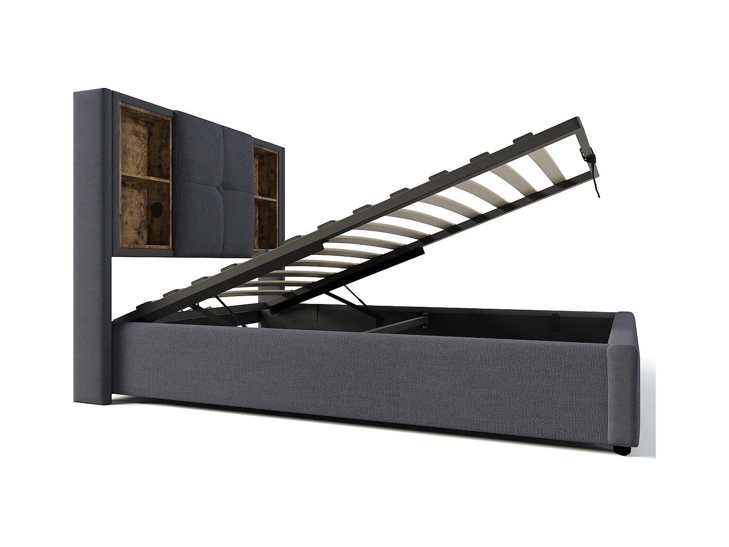 Lit coffre enfant 90x200 cm avec USB-C sans fil - Sommier en bois - Coton gris (sans matelas)