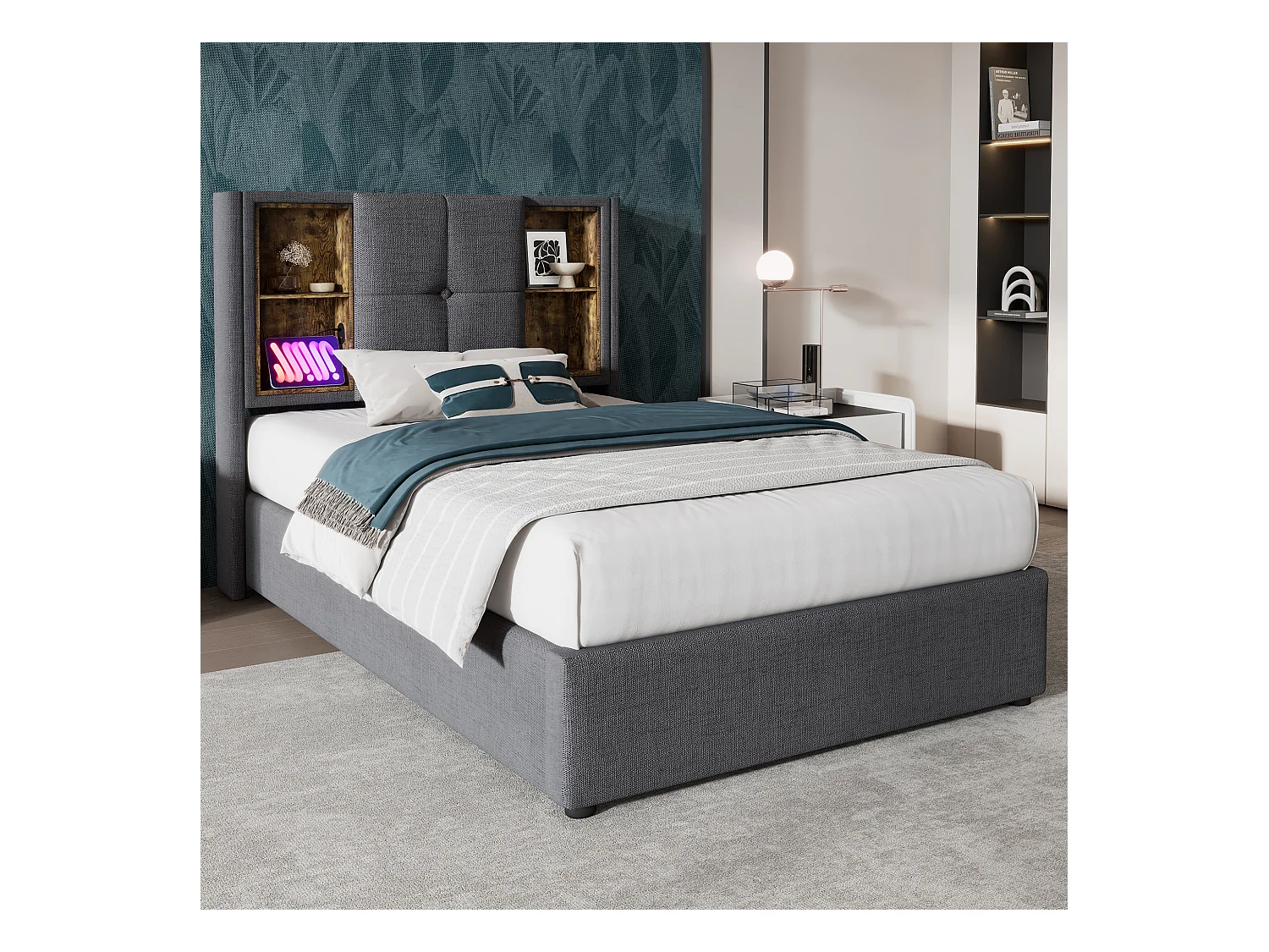 Lit coffre enfant 90x200 cm avec USB-C sans fil - Sommier en bois - Coton gris (sans matelas)