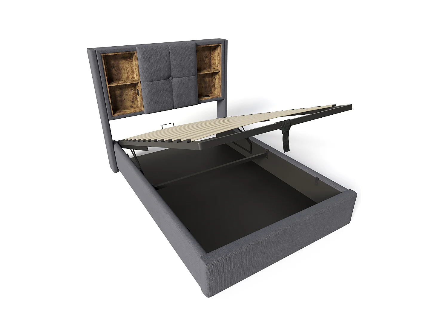 Lit coffre enfant 90x200 cm avec USB-C sans fil - Sommier en bois - Coton gris (sans matelas)