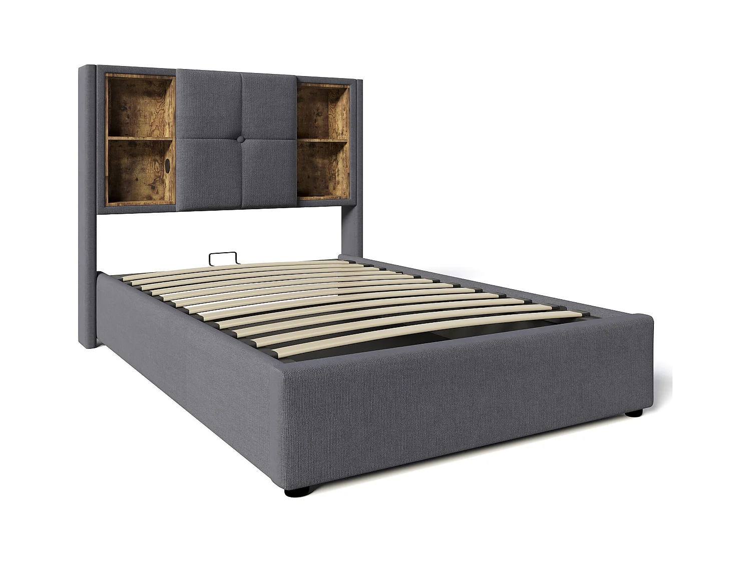 Lit coffre enfant 90x200 cm avec USB-C sans fil - Sommier en bois - Coton gris (sans matelas)