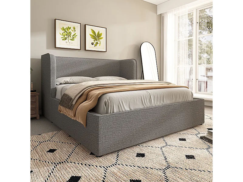 Lit coffre adulte 160x200 cm en lin gris - avec larges accoudoirs et housse en cadre amovible (sans matelas)