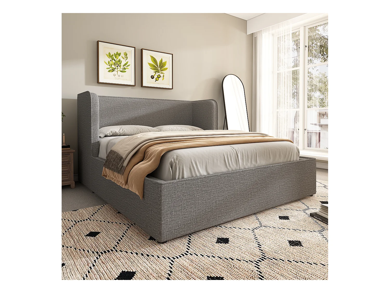 Lit coffre adulte 160x200 cm en lin gris - avec larges accoudoirs et housse en cadre amovible (sans matelas)