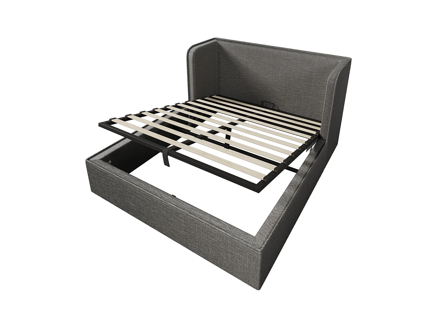 Lit coffre adulte 160x200 cm en lin gris - avec larges accoudoirs et housse en cadre amovible (sans matelas)