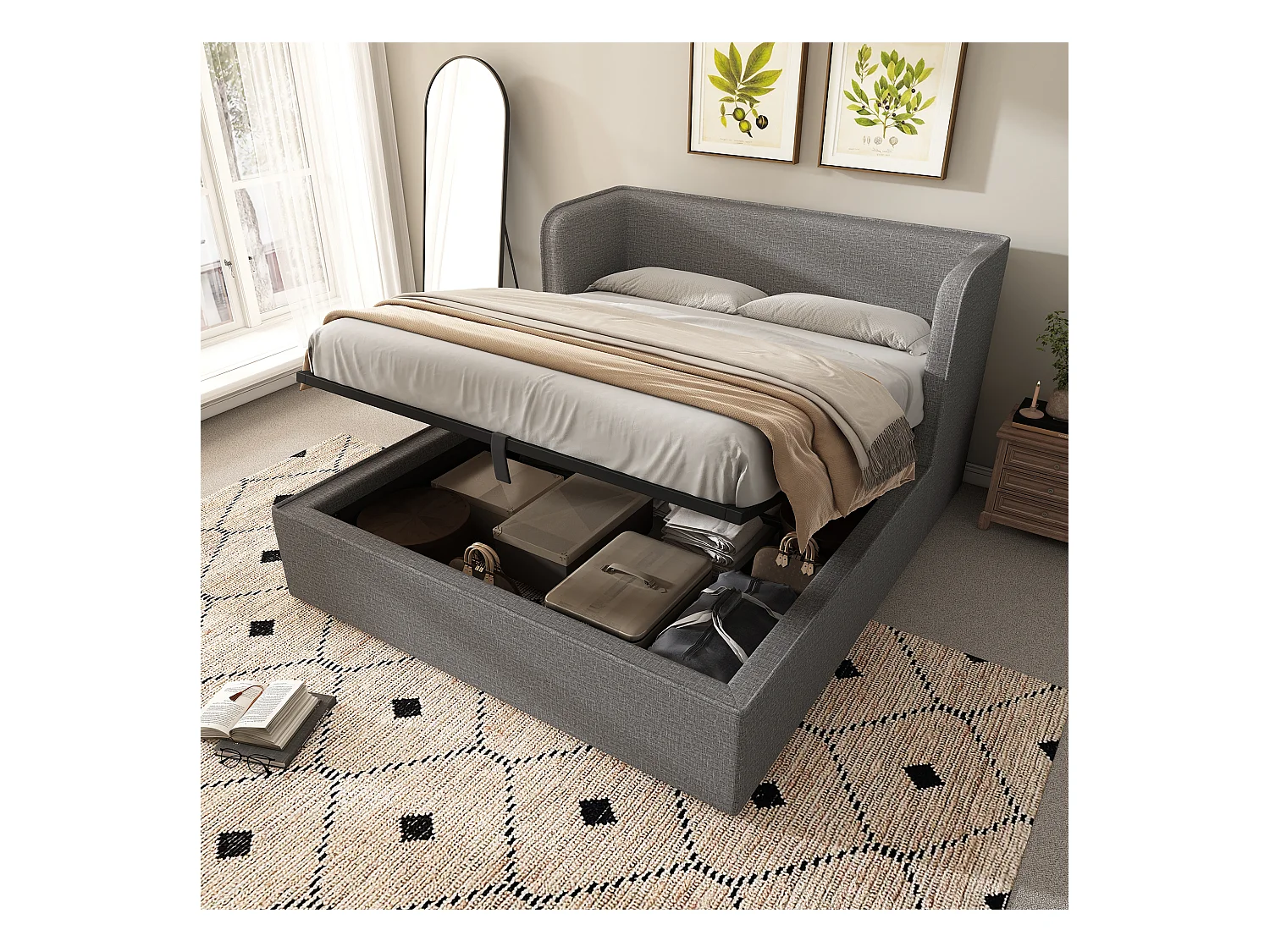 Lit coffre adulte 160x200 cm en lin gris - avec larges accoudoirs et housse en cadre amovible (sans matelas)