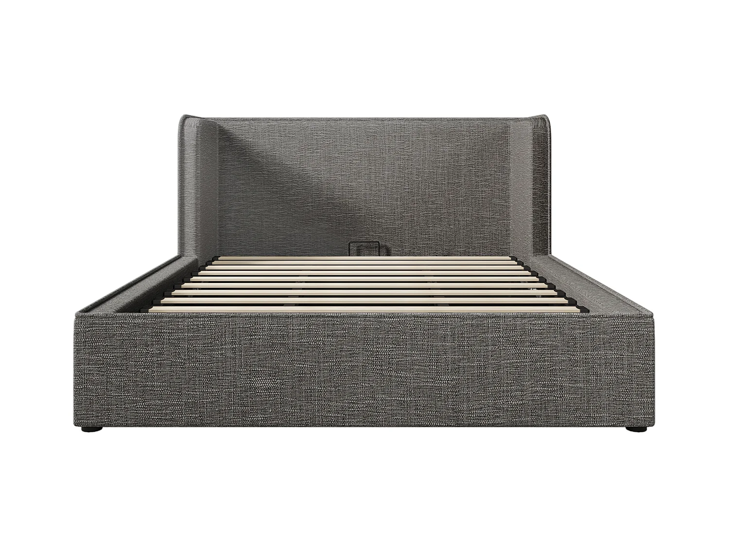 Lit coffre adulte 160x200 cm en lin gris - avec larges accoudoirs et housse en cadre amovible (sans matelas)