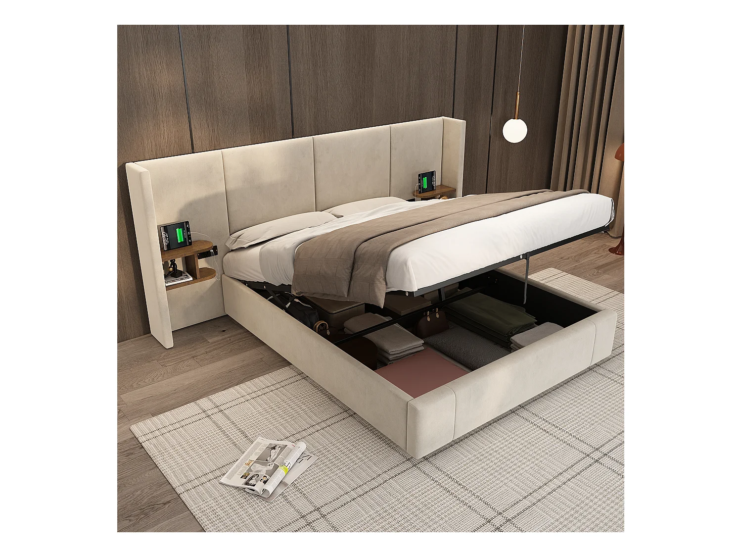 Letto contenitore matrimoniale 160x200 cm con USB/prese - 2 scomparti portaoggetti - Velluto beige (senza materasso)