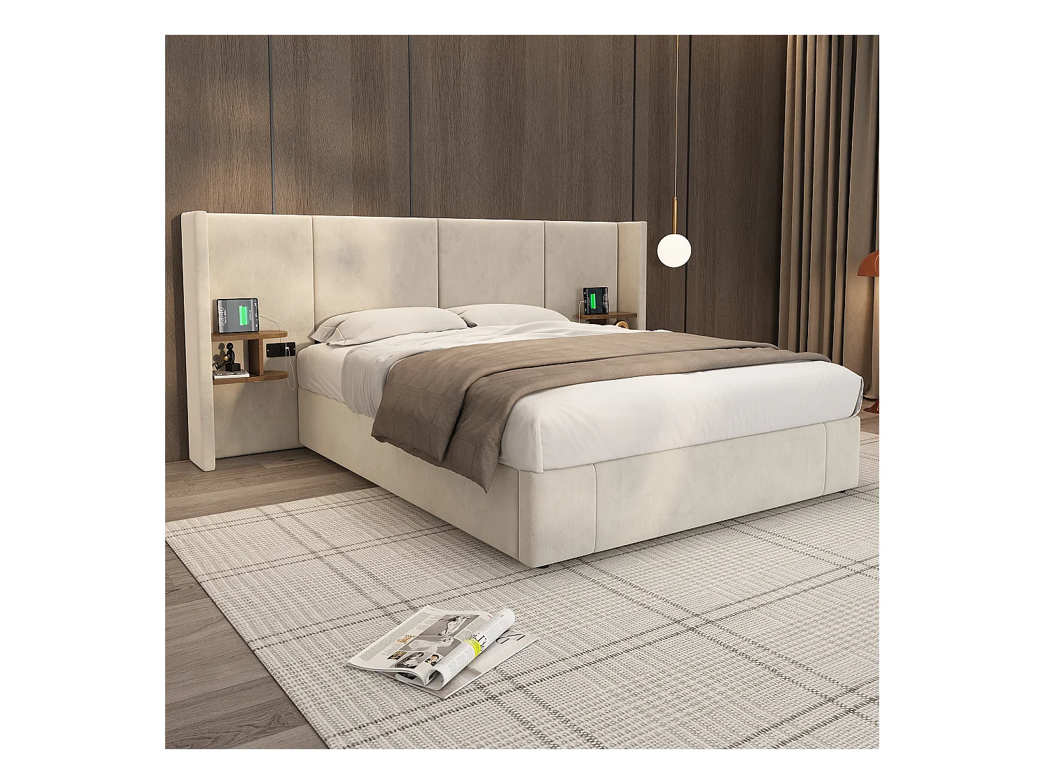 Lit coffre double 160x200 avec USB/prises - 2 compartiments de rangement - Velours beige(sans matelas)