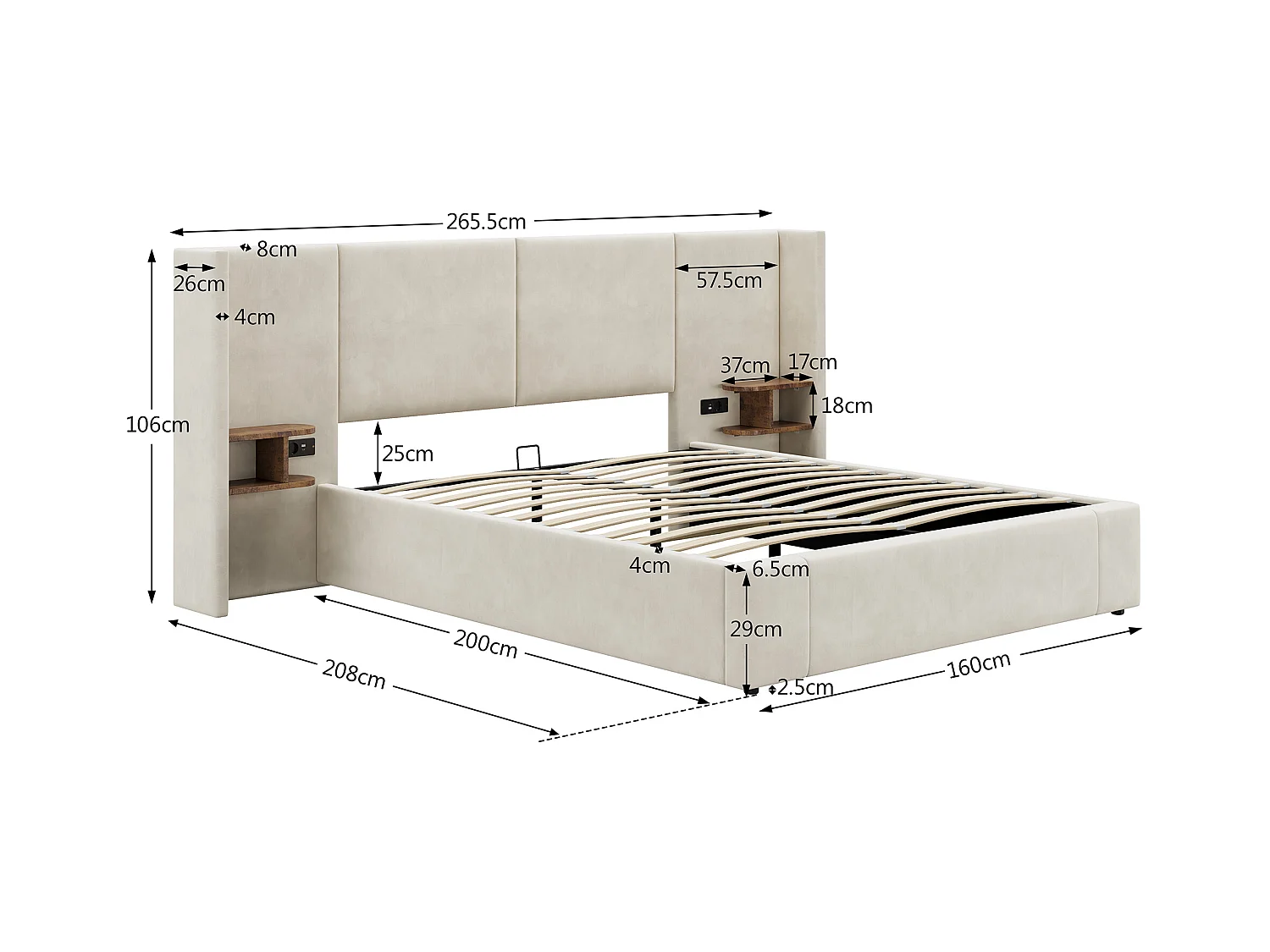 Lit coffre double 160x200 avec USB/prises - 2 compartiments de rangement - Velours beige(sans matelas)