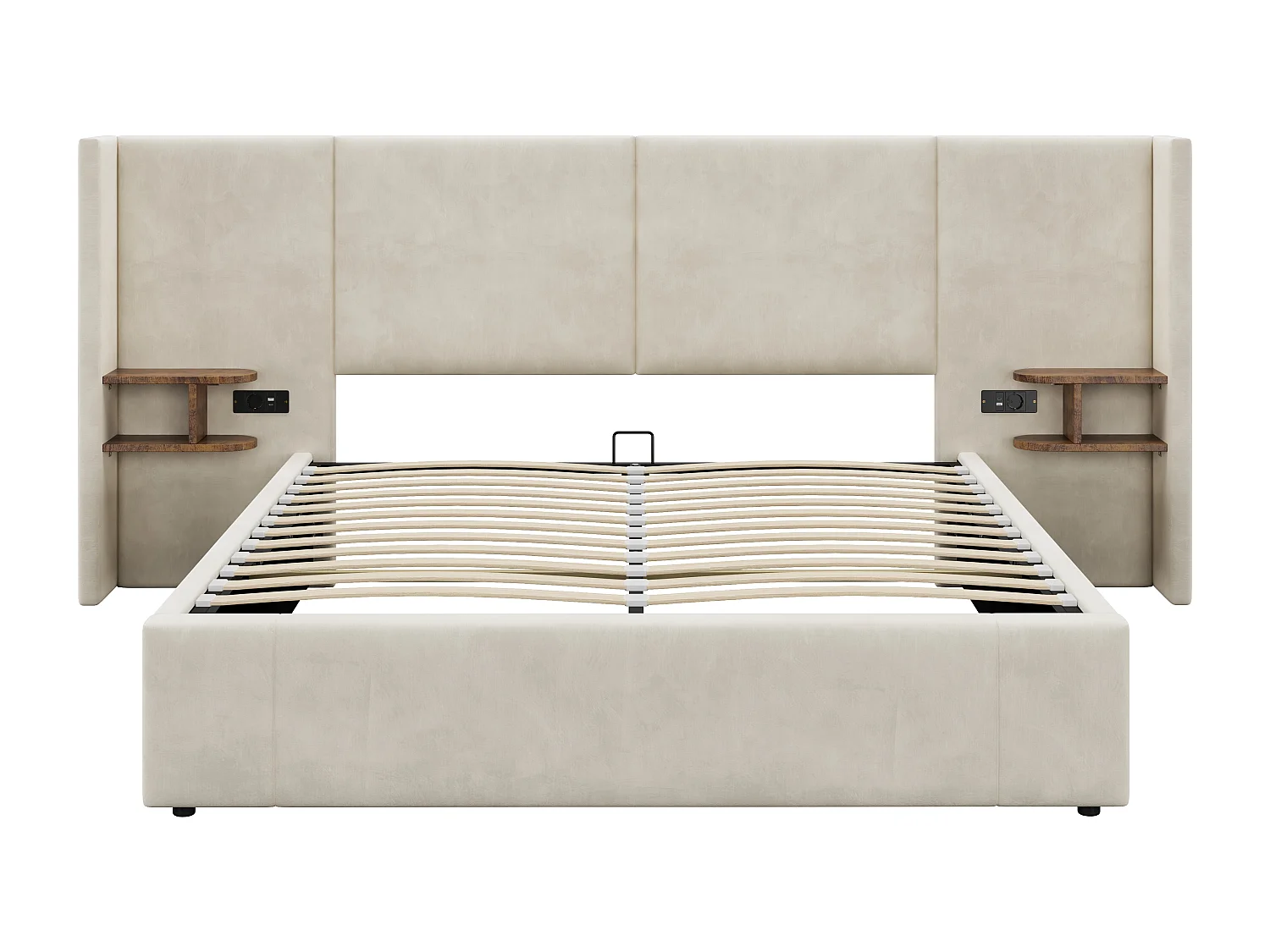 Lit coffre double 160x200 avec USB/prises - 2 compartiments de rangement - Velours beige(sans matelas)