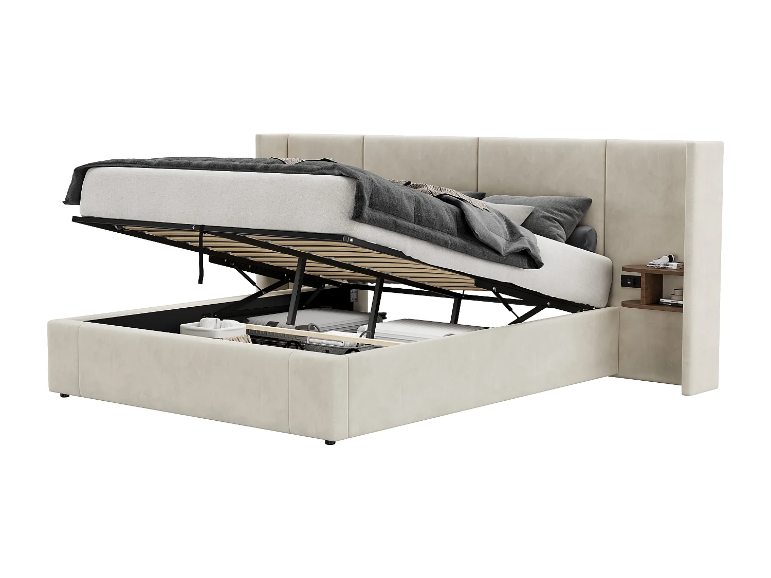 Lit coffre double 160x200 avec USB/prises - 2 compartiments de rangement - Velours beige(sans matelas)