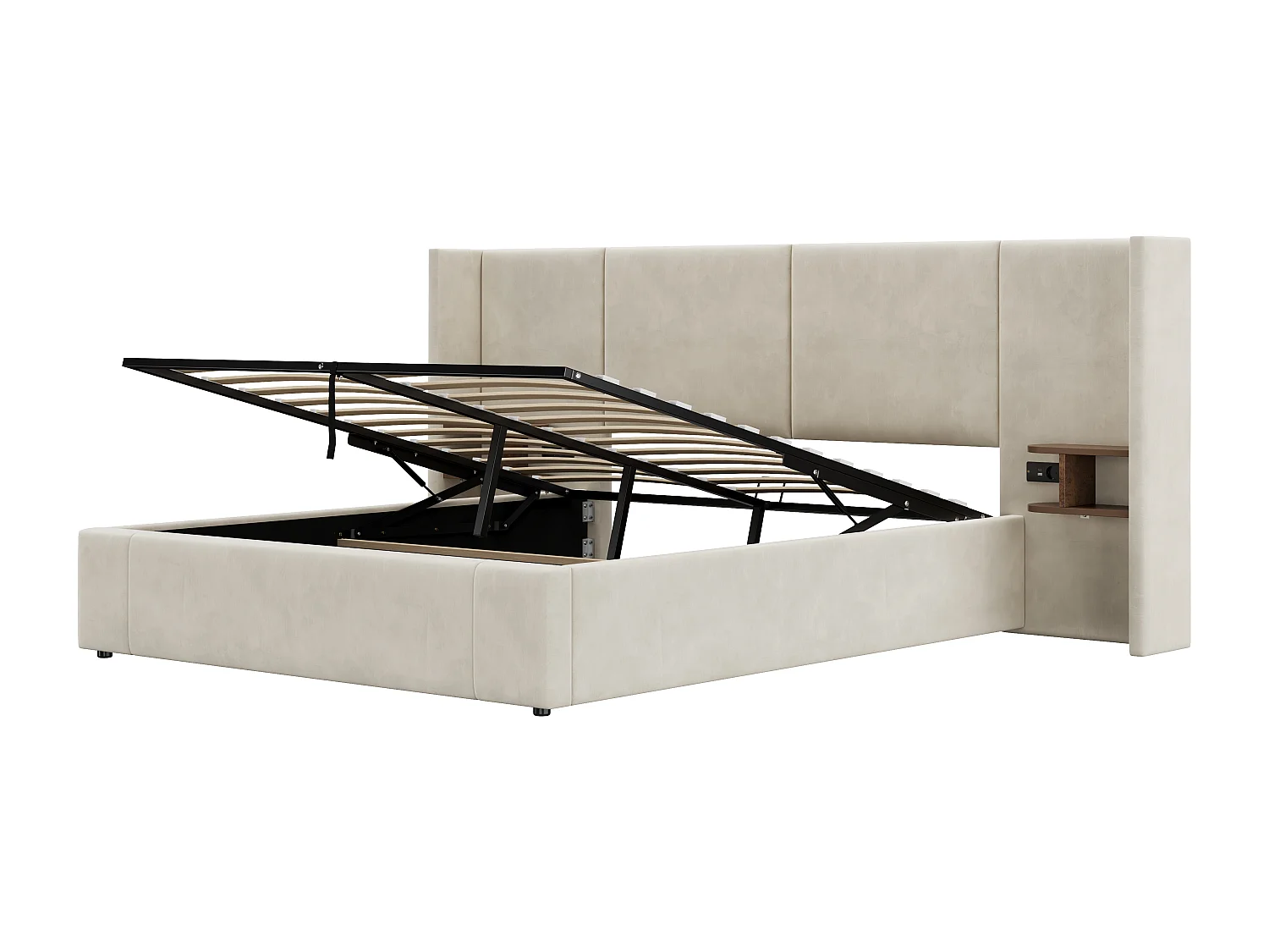 Lit coffre double 160x200 avec USB/prises - 2 compartiments de rangement - Velours beige(sans matelas)