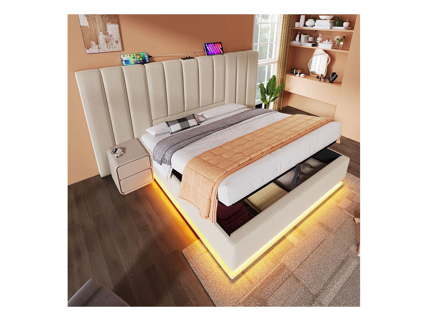 Tweepersoonsbed met opbergruimte 180x200 cm in beige linnen, met LED-verlichting en USB-C poort (zonder matras en nachtkastje)