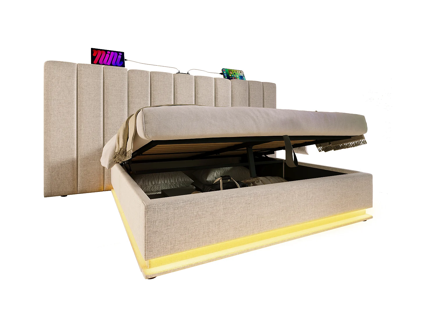 Tweepersoonsbed met opbergruimte 180x200 cm in beige linnen, met LED-verlichting en USB-C poort (zonder matras en nachtkastje)