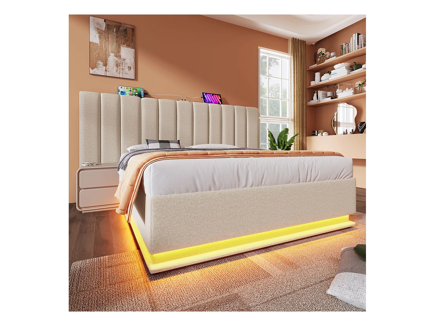Tweepersoonsbed met opbergruimte 180x200 cm in beige linnen, met LED-verlichting en USB-C poort (zonder matras en nachtkastje)