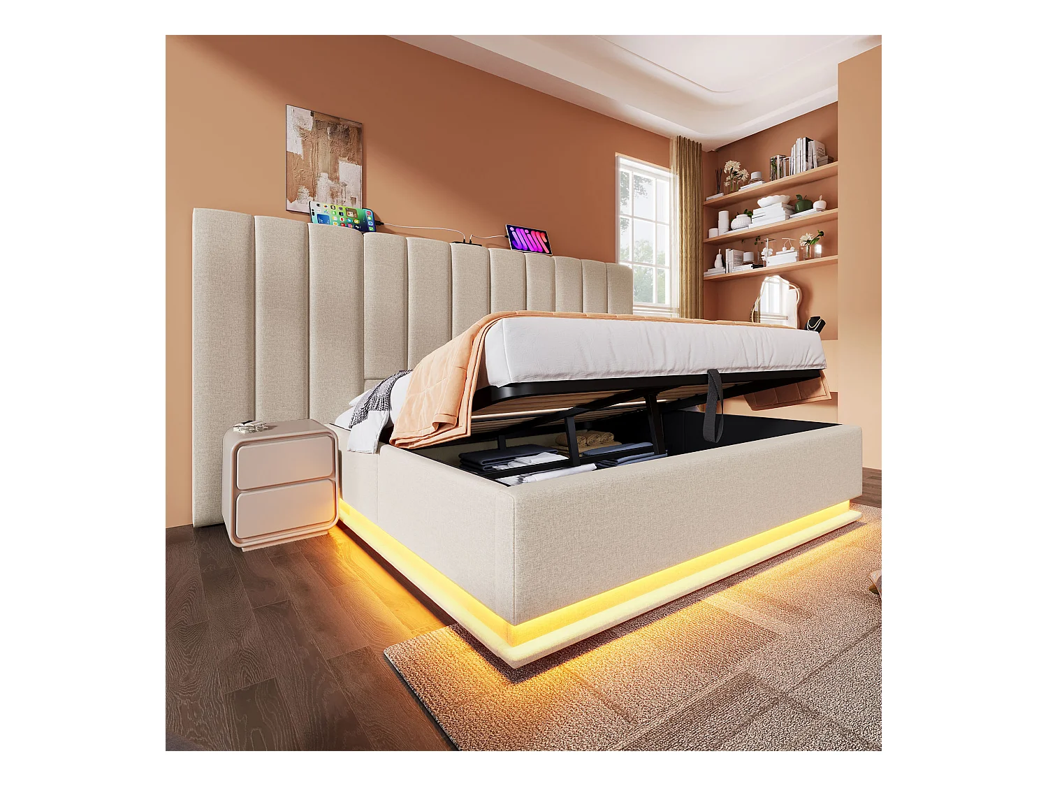 Tweepersoonsbed met opbergruimte 180x200 cm in beige linnen, met LED-verlichting en USB-C poort (zonder matras en nachtkastje)
