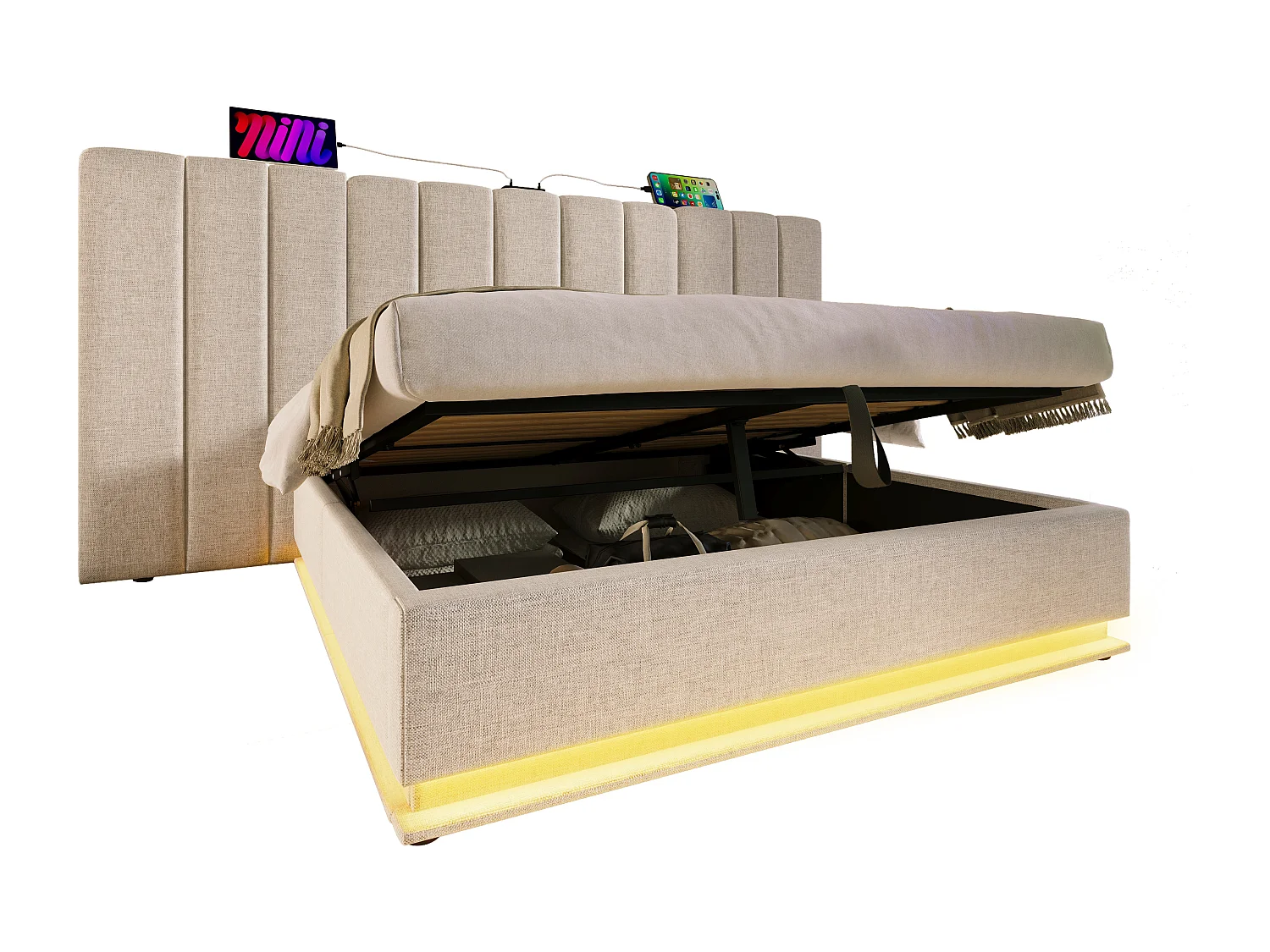 Lit coffre adulte 180x200 cm, éclairage LED et USB-C, revêtement en lin Beige, sans matelas ni table de nuit