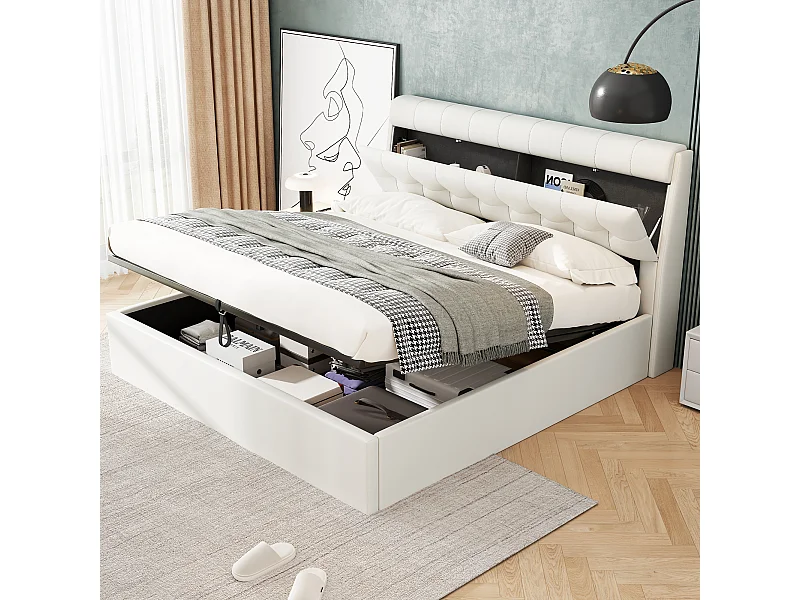 Letto contenitore doppio 140x200 cm in PU bianco - testiera con mensola (senza materasso)